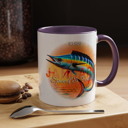 Colorful January Wahoo Birth Month Accent Coffee Mug with Colored Handle