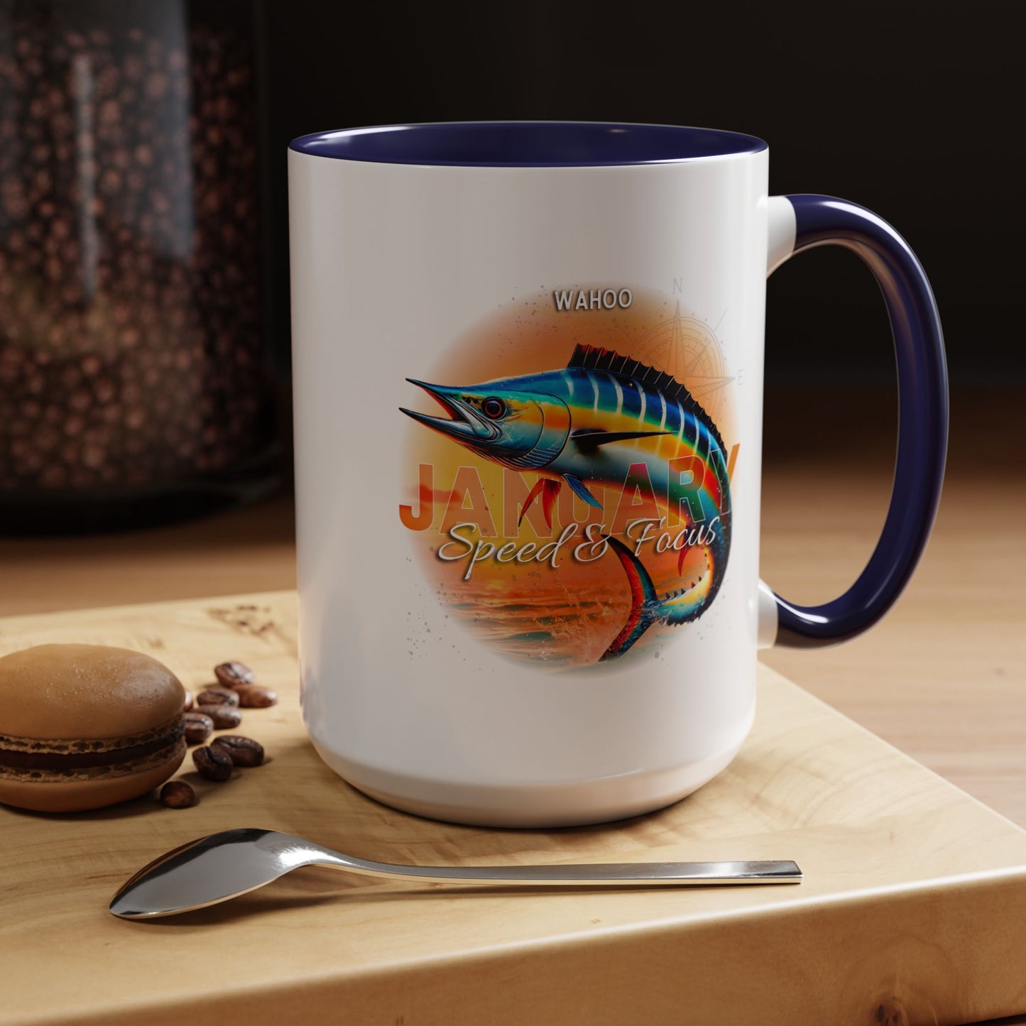 Colorful January Wahoo Birth Month Accent Coffee Mug with Colored Handle