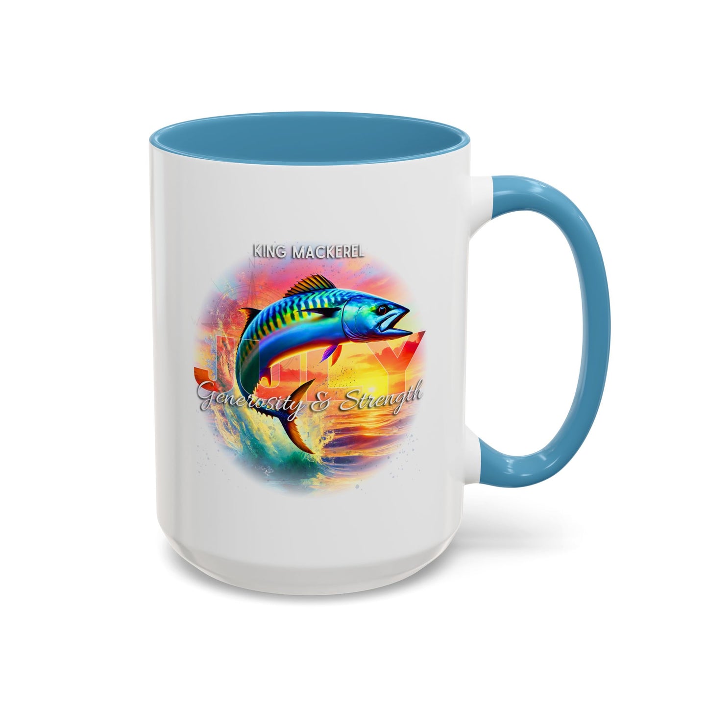 Colorful July King Mackerel Birth Month Accent Coffee Mug with Colored Handle