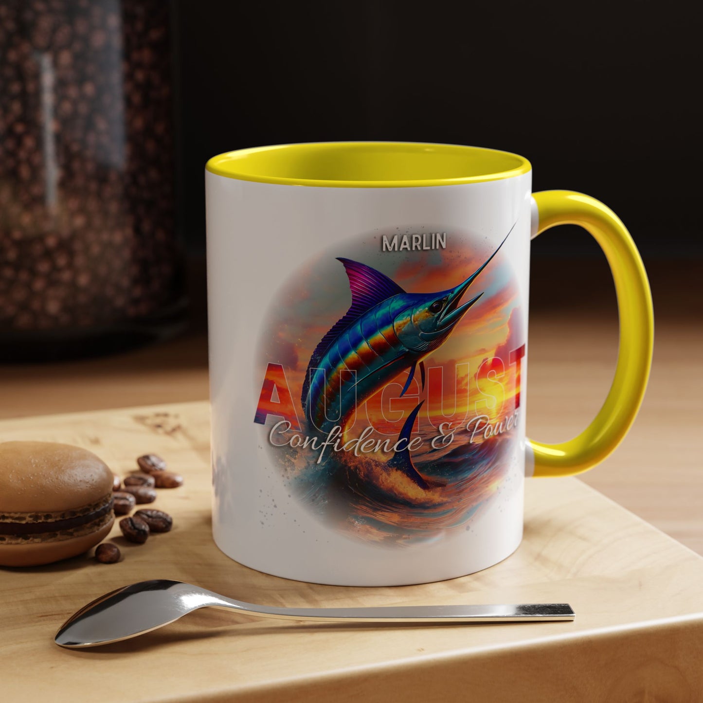 Colorful August Marlin Birth Month Accent Coffee Mug with Colored Handle