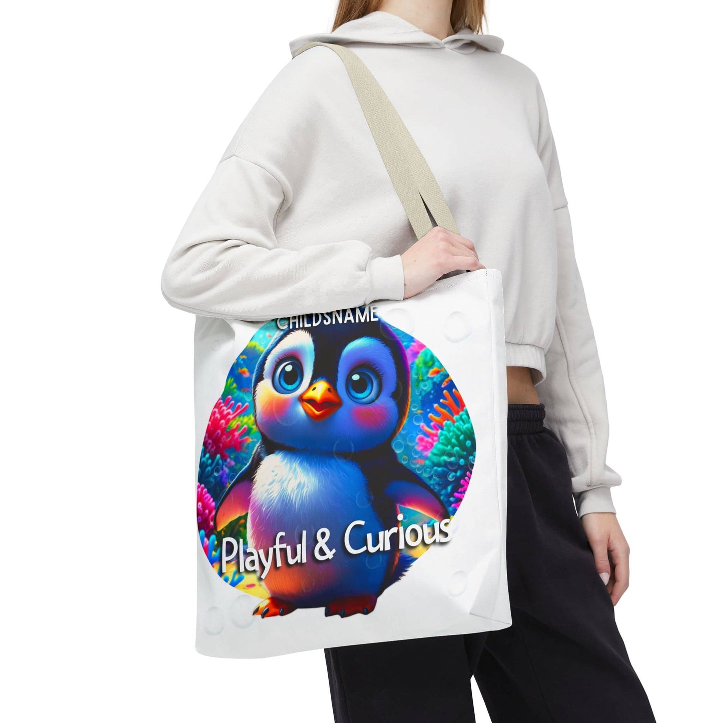 Personalized Kids Penguin Beach Tote Bag Playful & Curious
