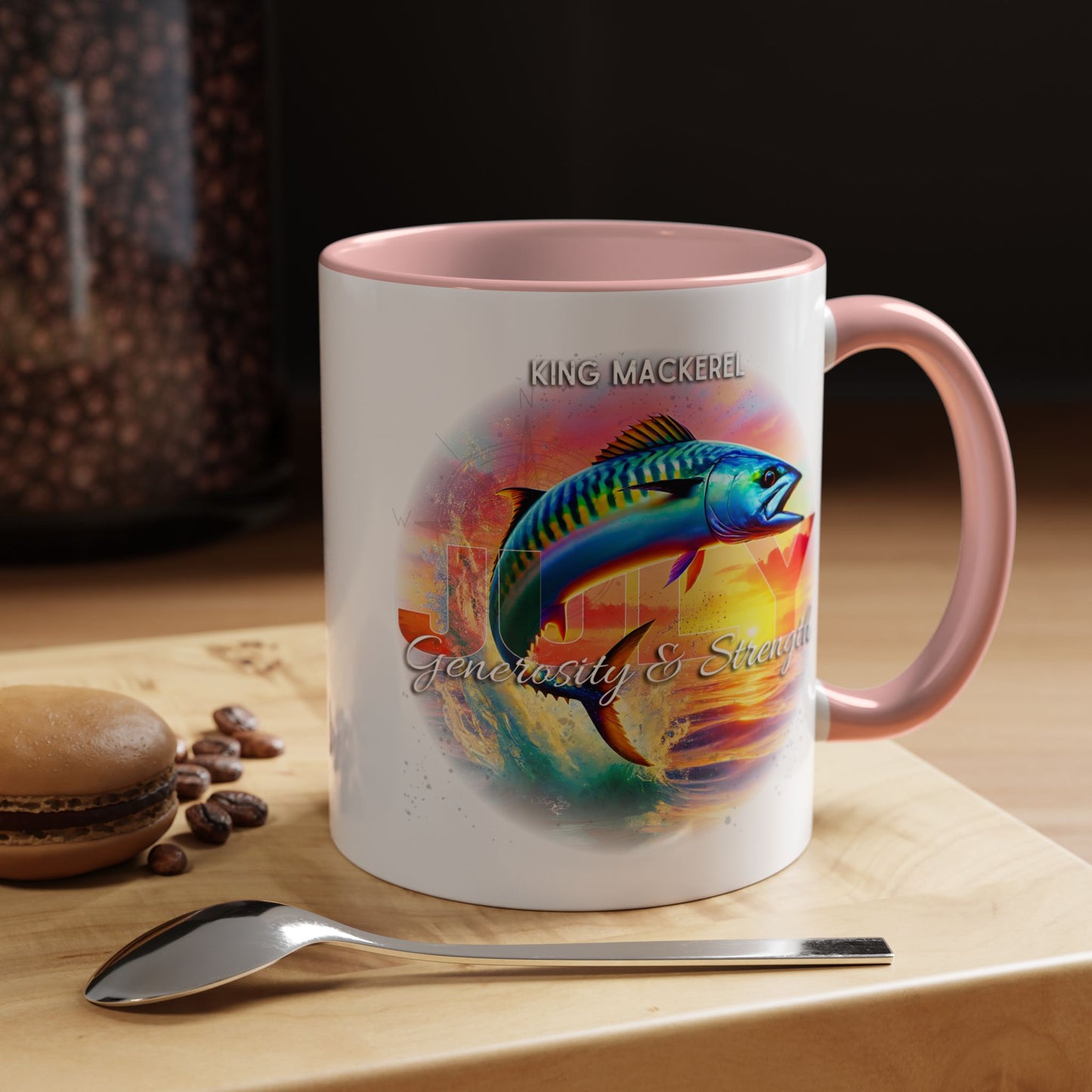 Colorful July King Mackerel Birth Month Accent Coffee Mug with Colored Handle