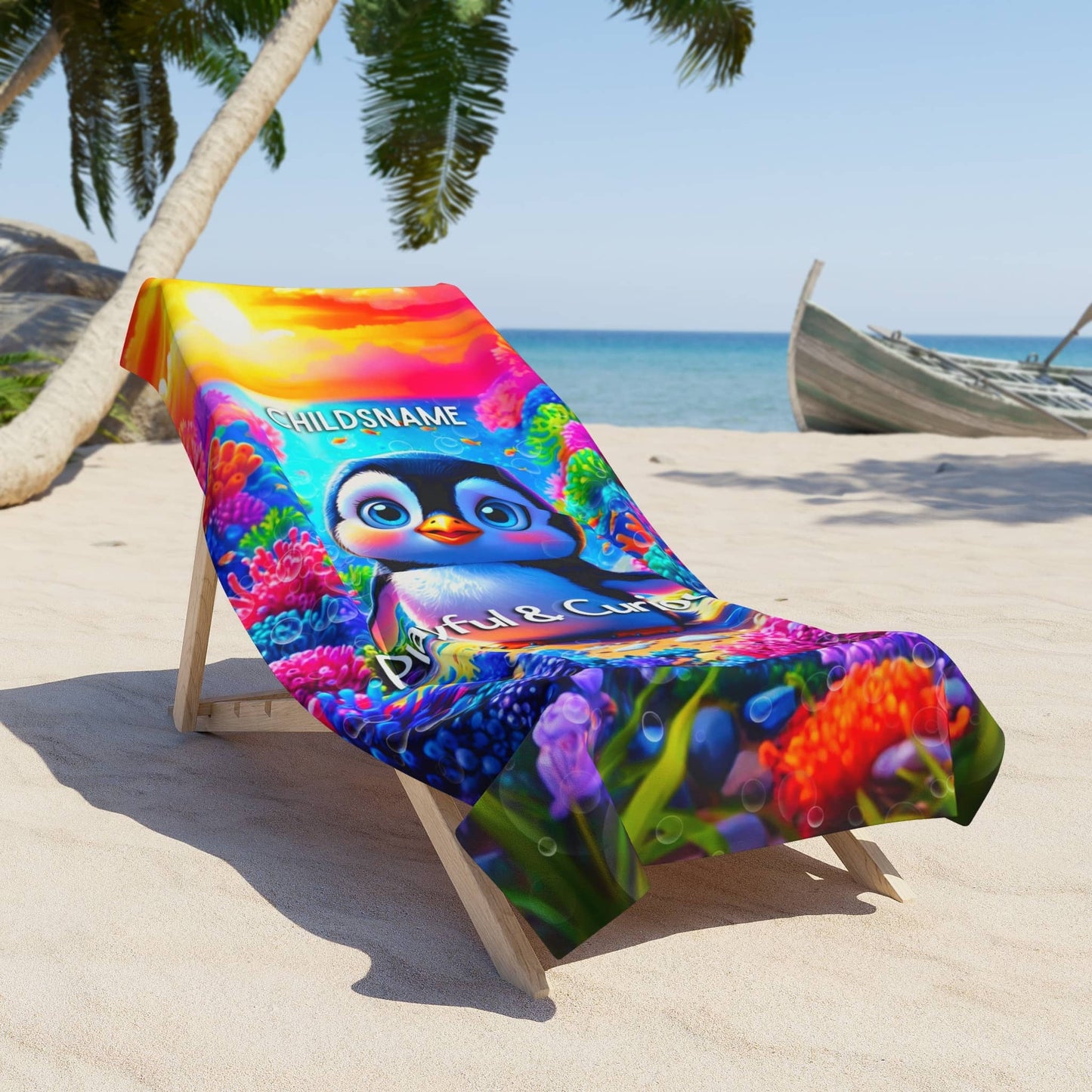 Personalized Kids Beach Towel Vibrant Penguin Design Playful & Curious