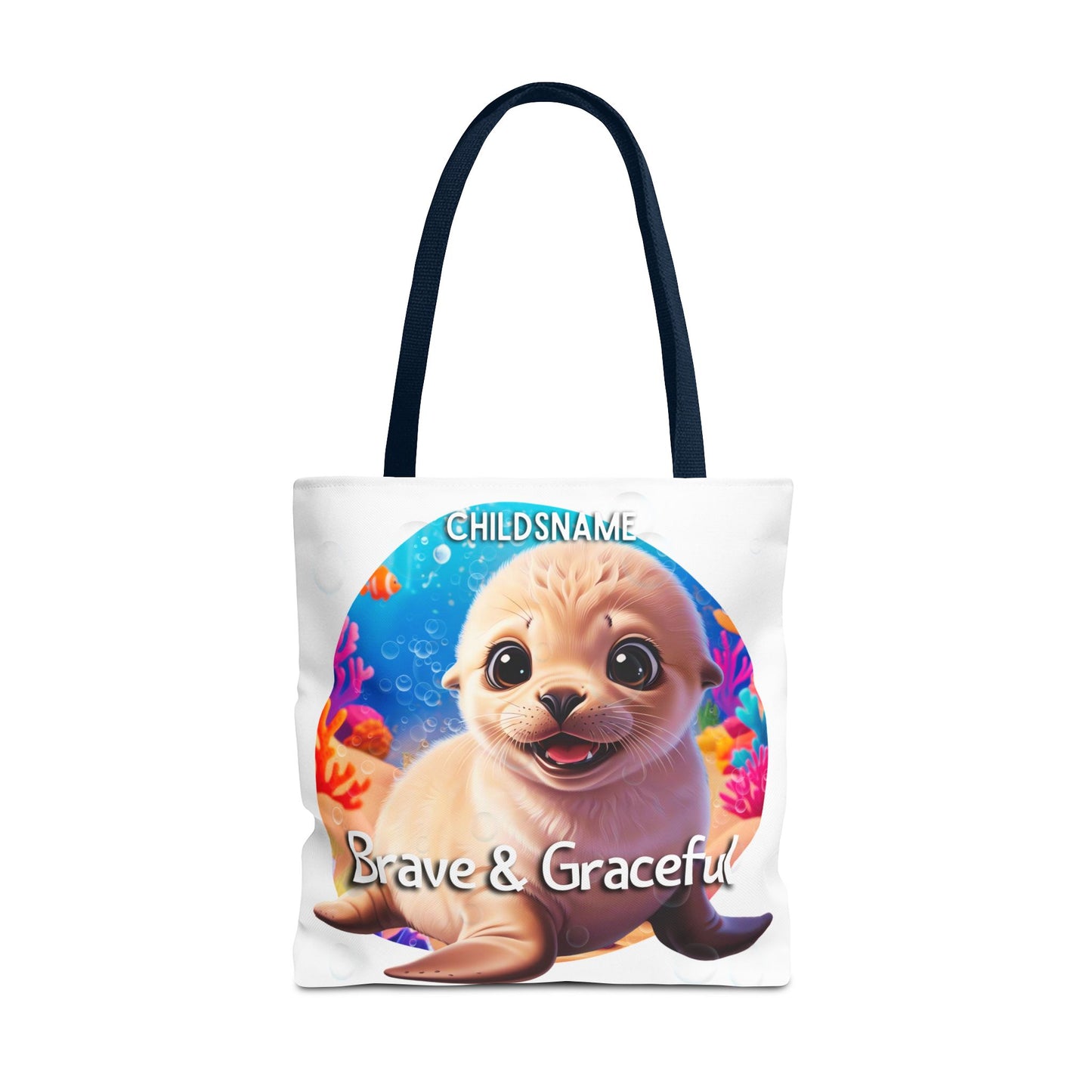 Personalized Kids Seal Beach Tote Bag – Brave & Graceful – Custom Sea Life Bag with Name