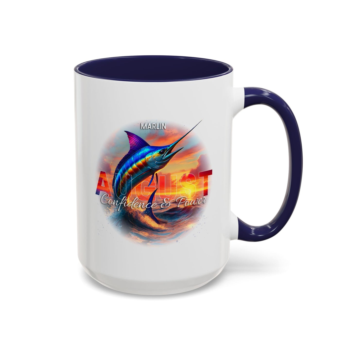 Colorful August Marlin Birth Month Accent Coffee Mug with Colored Handle