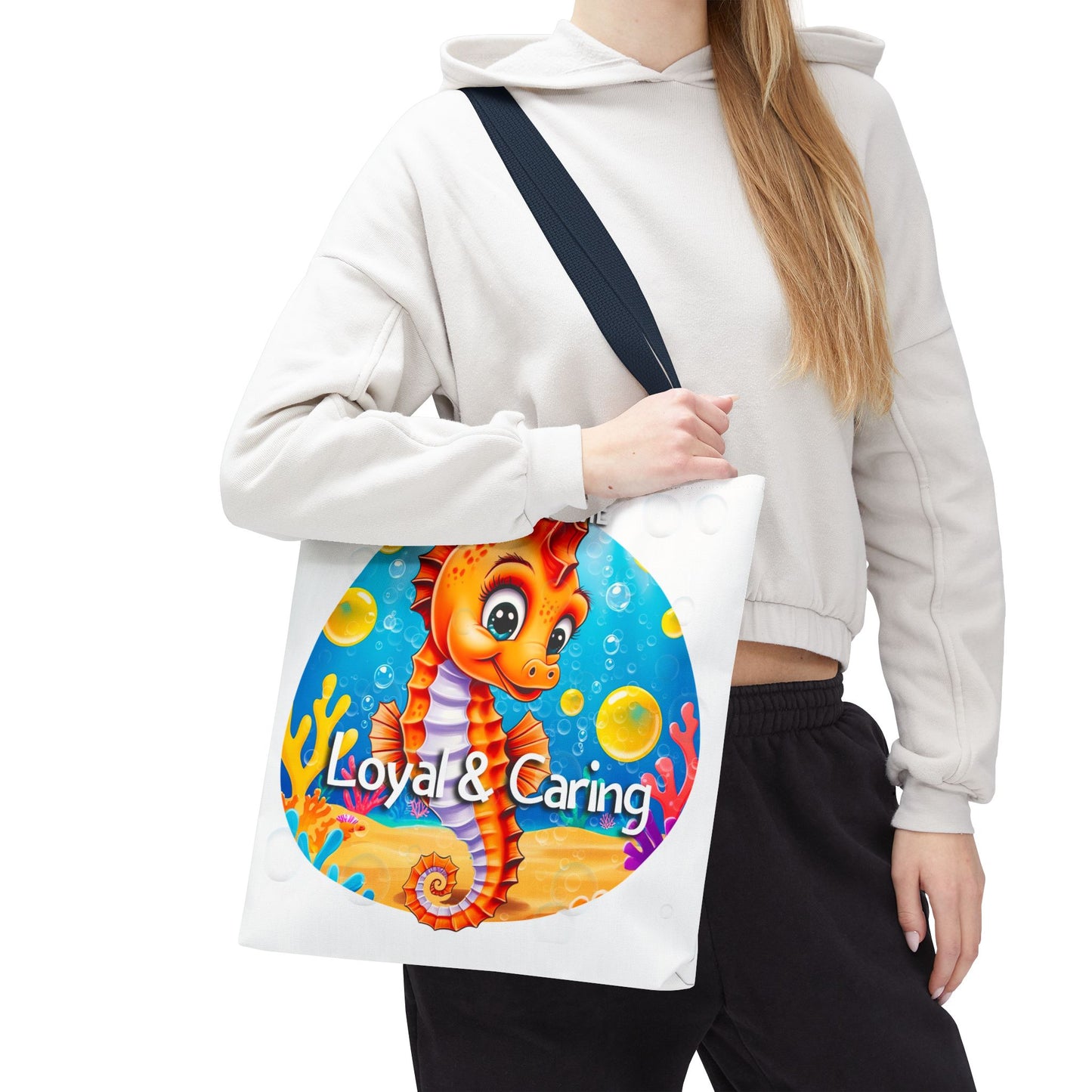 Personalized Kids Seahorse Beach Tote Bag – Loyal & Caring – Custom Sea Life Bag with Name