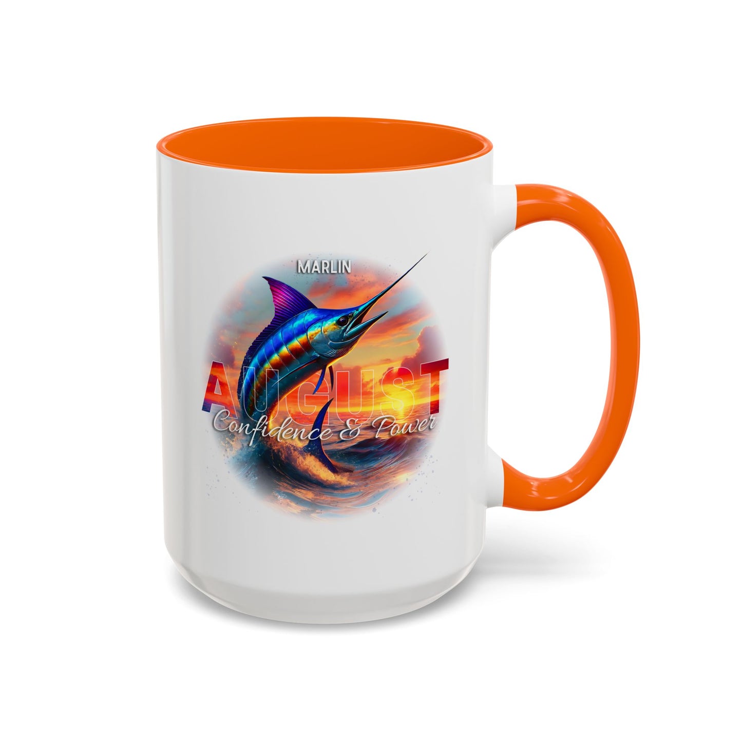 Colorful August Marlin Birth Month Accent Coffee Mug with Colored Handle