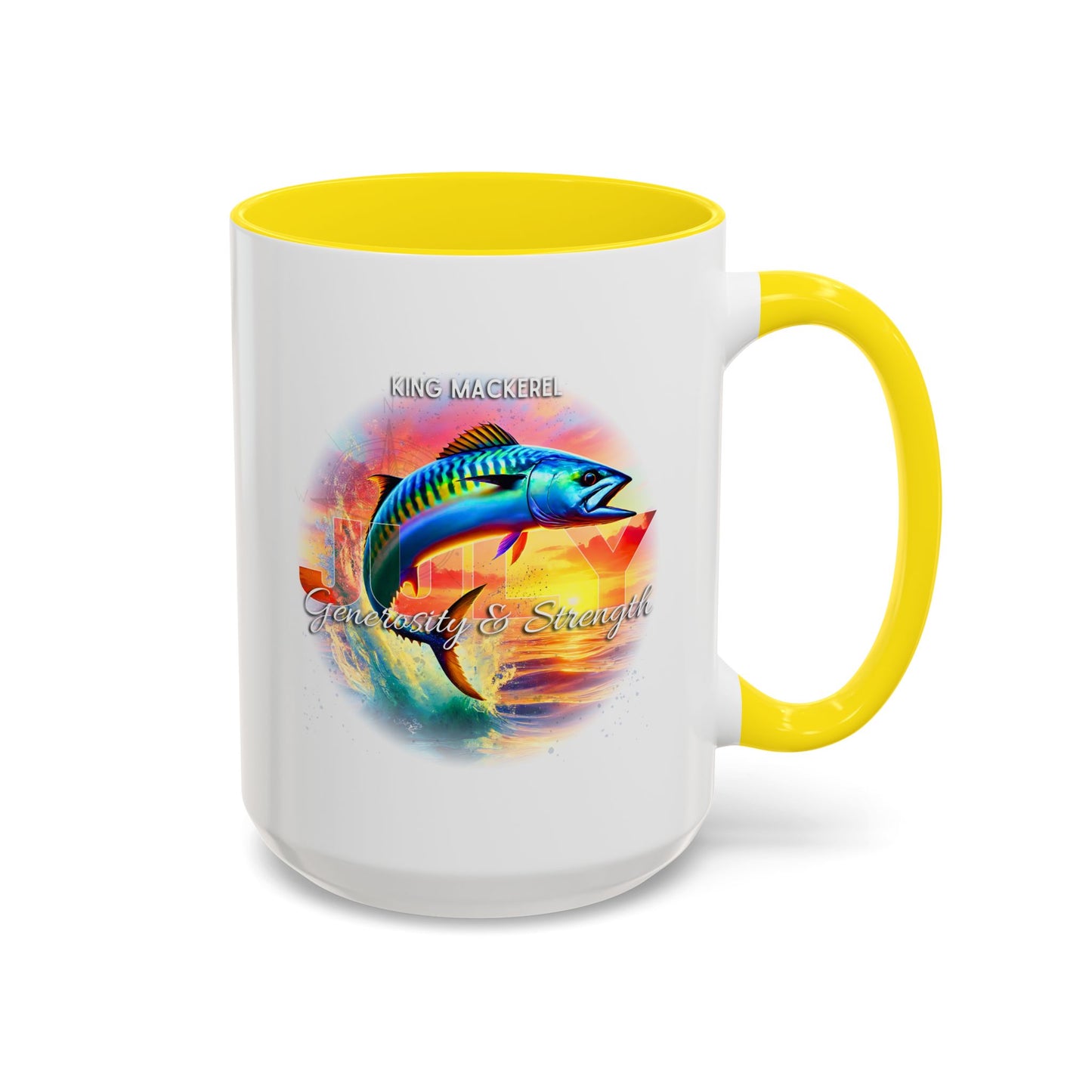 Colorful July King Mackerel Birth Month Accent Coffee Mug with Colored Handle