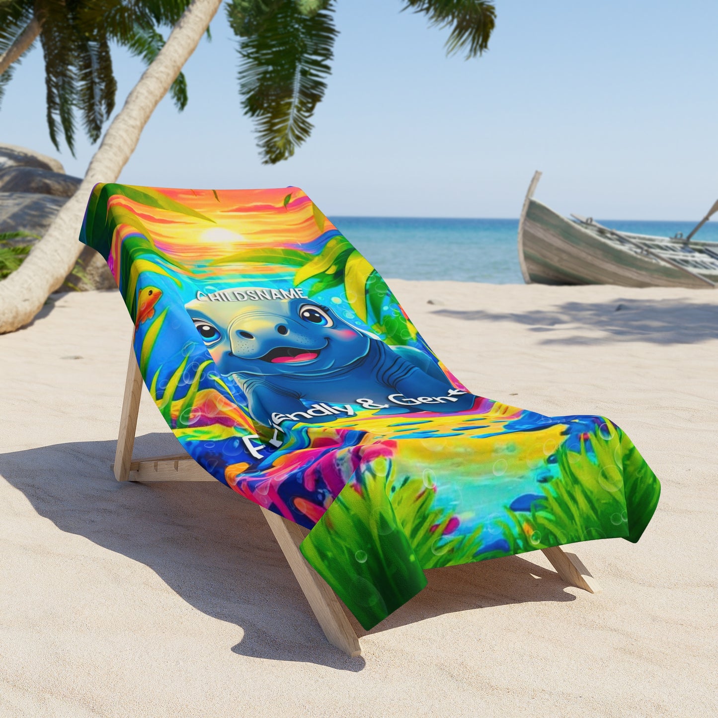 Personalized Kids Beach Towel Vibrant Manatee Design Friendly & Gentle