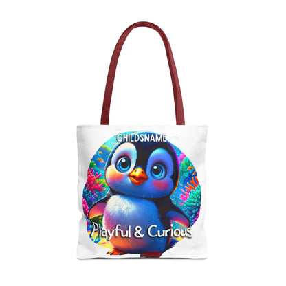 Personalized Kids Penguin Beach Tote Bag Playful & Curious