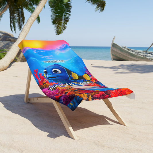 Personalized Kids Beach Towel – Vibrant Blue Tang Design – Playful & Cheerful