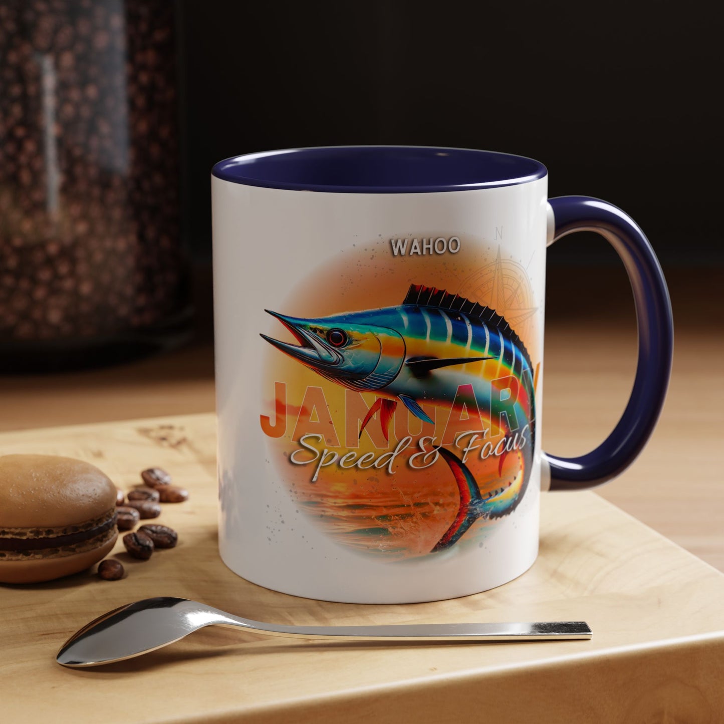 Colorful January Wahoo Birth Month Accent Coffee Mug with Colored Handle