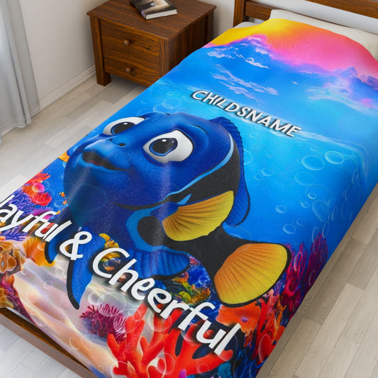 Personalized Kids Blue Tang Plush Blanket – Playful & Cheerful