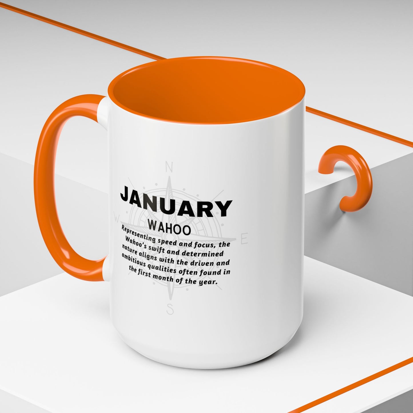 Colorful January Wahoo Birth Month Accent Coffee Mug with Colored Handle