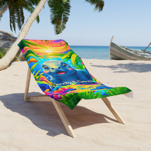 Personalized Kids Beach Towel Vibrant Manatee Design Friendly & Gentle