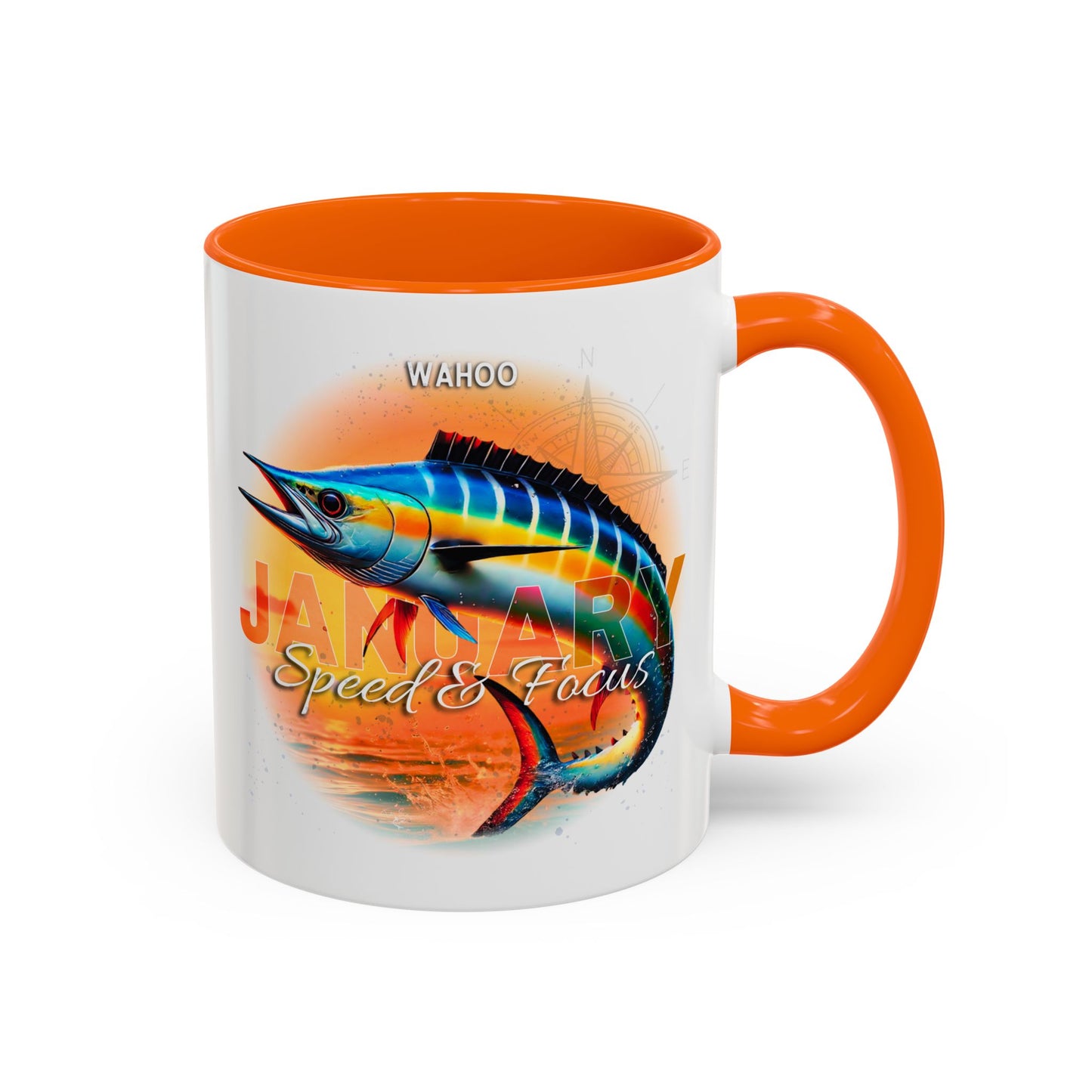 Colorful January Wahoo Birth Month Accent Coffee Mug with Colored Handle