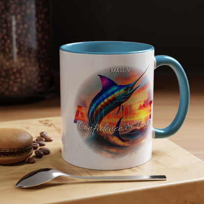Colorful August Marlin Birth Month Accent Coffee Mug with Colored Handle