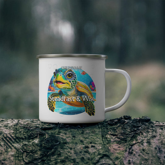 Personalized Kids Turtle Camping Mug – Steadfast & Wise – Colorful Sea Life Stainless Steel Enamel Cup (12oz)
