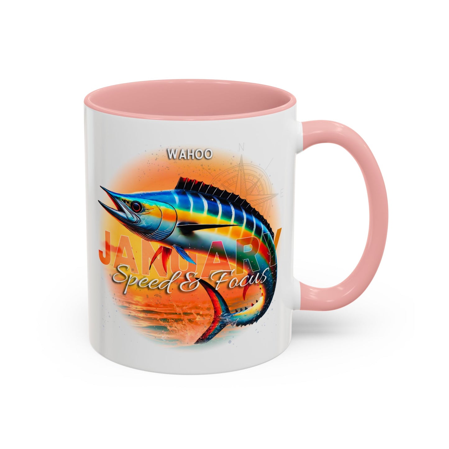 Colorful January Wahoo Birth Month Accent Coffee Mug with Colored Handle