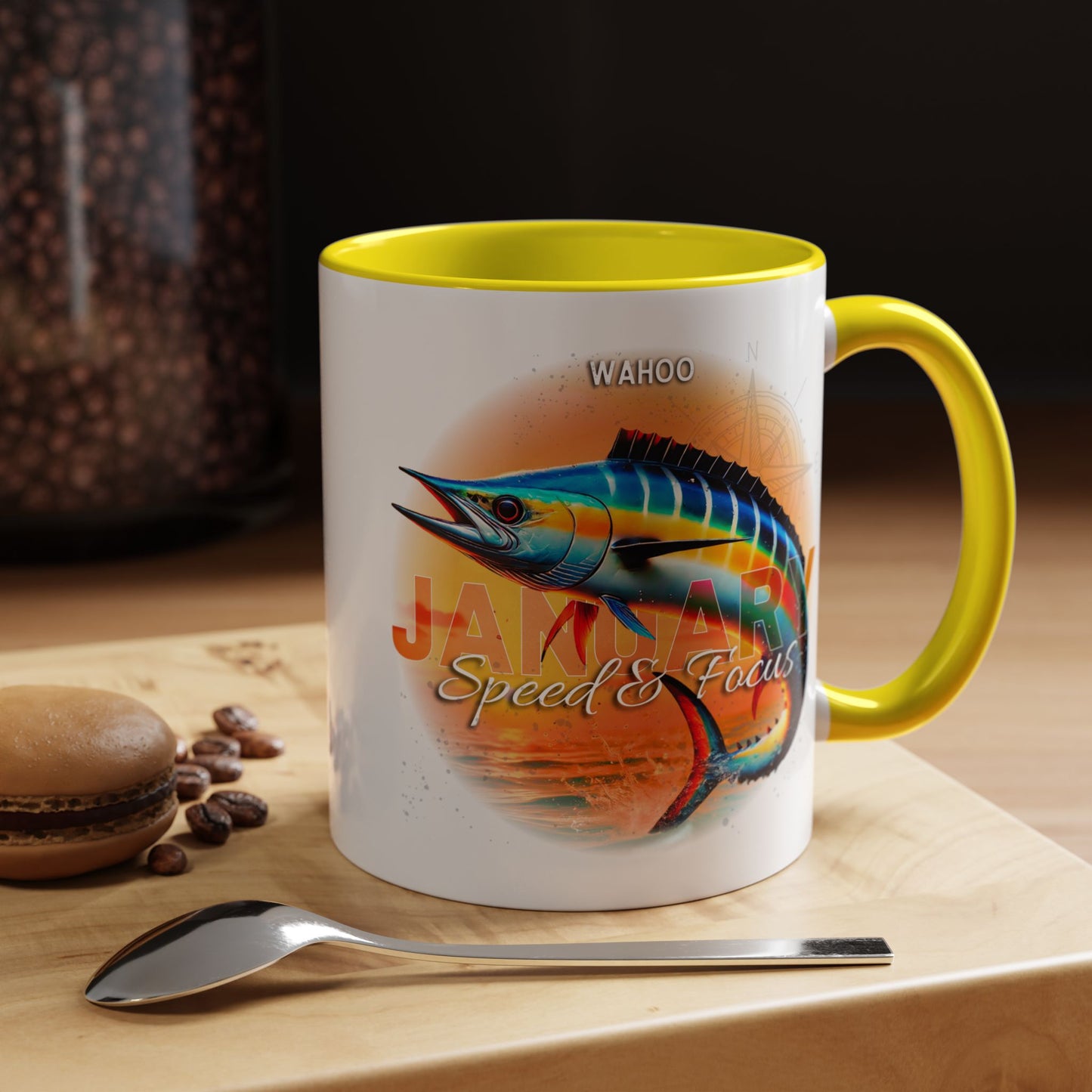 Colorful January Wahoo Birth Month Accent Coffee Mug with Colored Handle