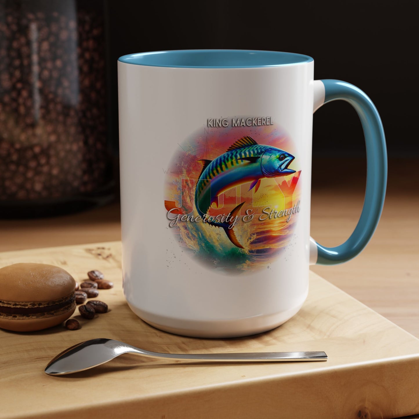 Colorful July King Mackerel Birth Month Accent Coffee Mug with Colored Handle