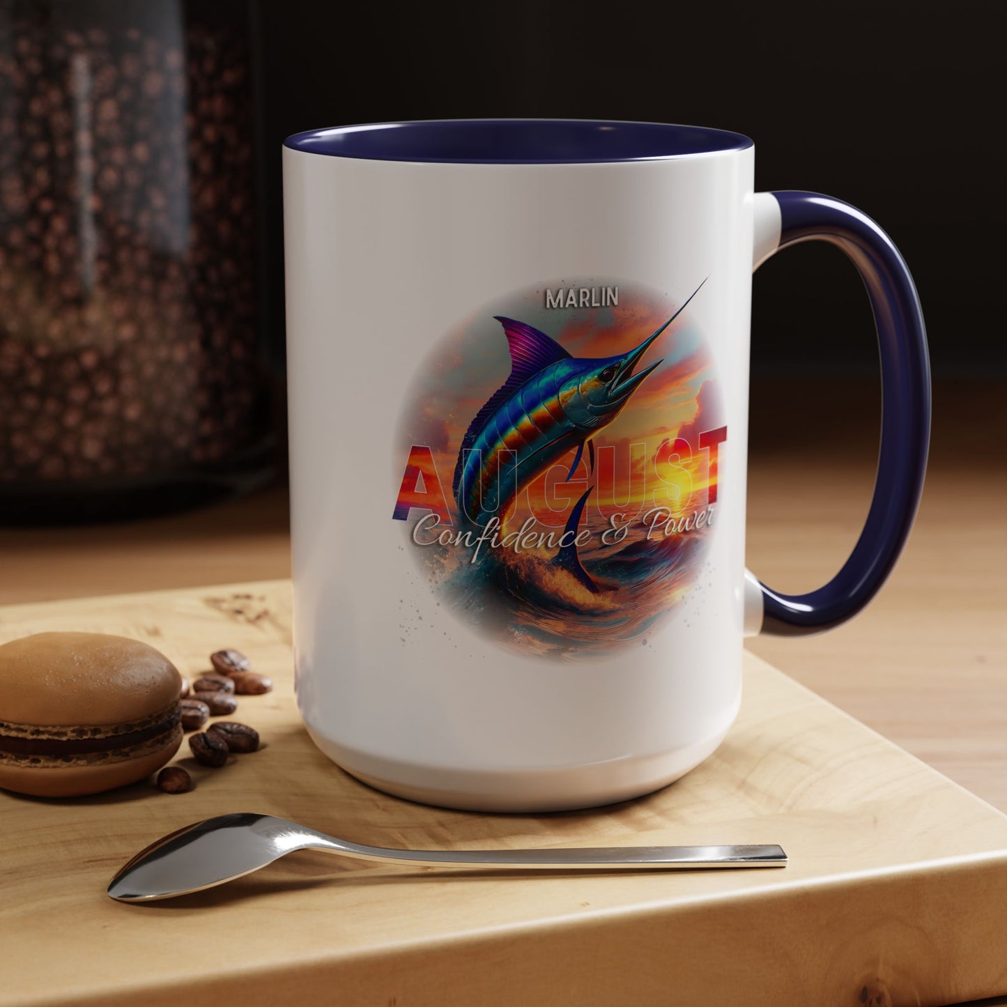 Colorful August Marlin Birth Month Accent Coffee Mug with Colored Handle