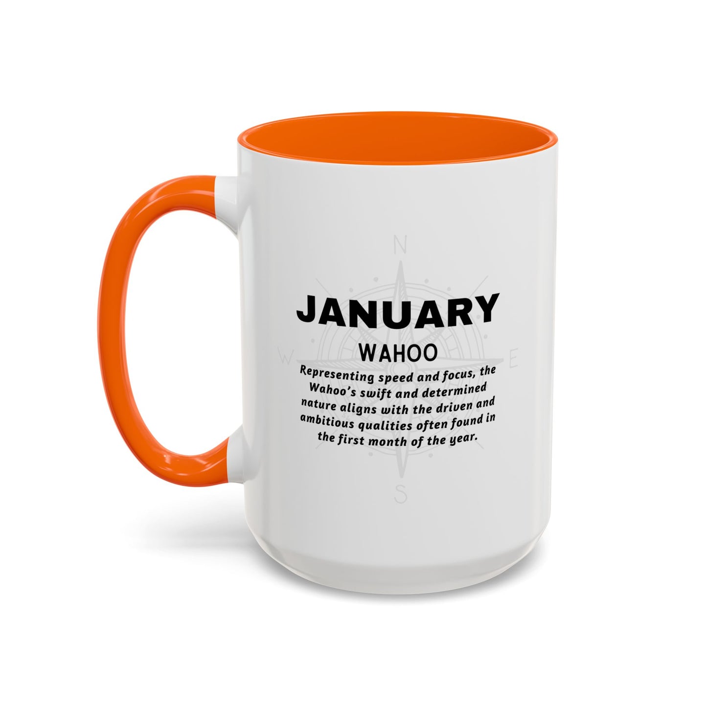 Colorful January Wahoo Birth Month Accent Coffee Mug with Colored Handle
