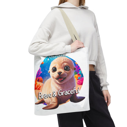 Personalized Kids Seal Beach Tote Bag – Brave & Graceful – Custom Sea Life Bag with Name