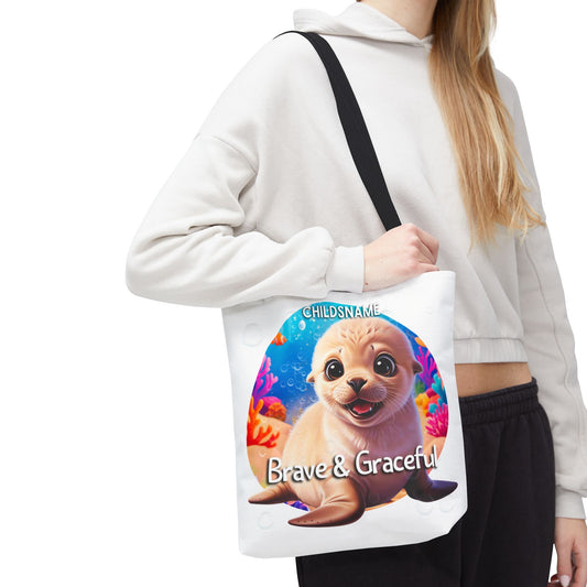 Personalized Kids Seal Beach Tote Bag – Brave & Graceful – Custom Sea Life Bag with Name