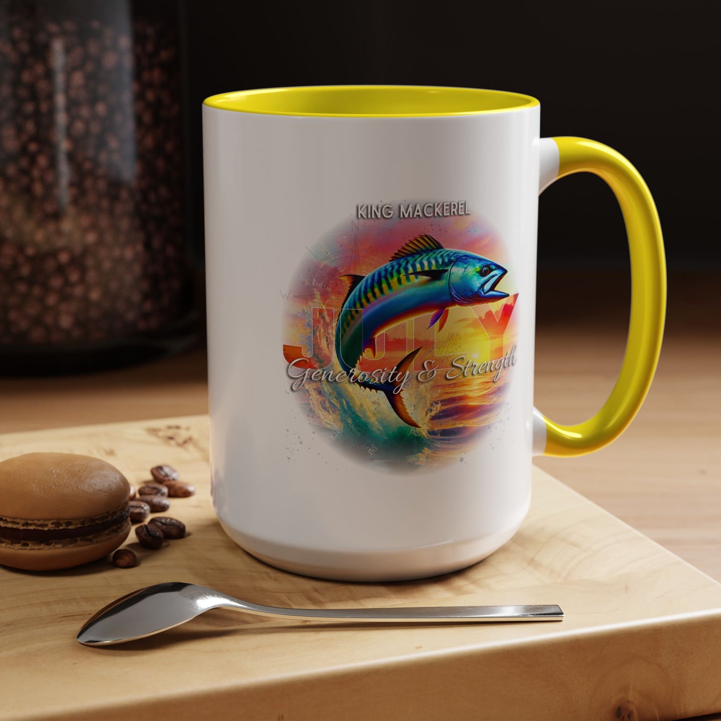 Colorful July King Mackerel Birth Month Accent Coffee Mug with Colored Handle
