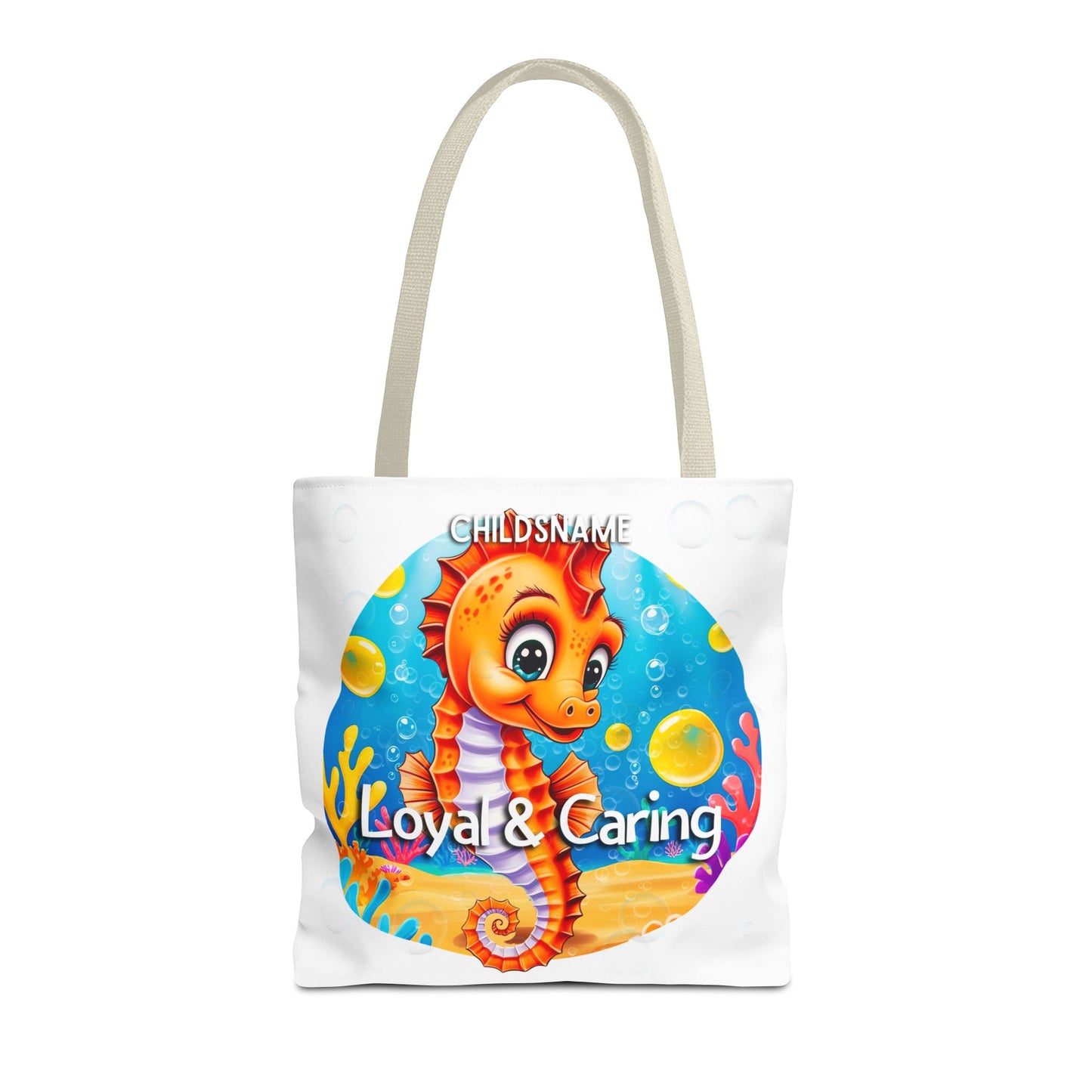 Personalized Kids Seahorse Beach Tote Bag – Loyal & Caring – Custom Sea Life Bag with Name