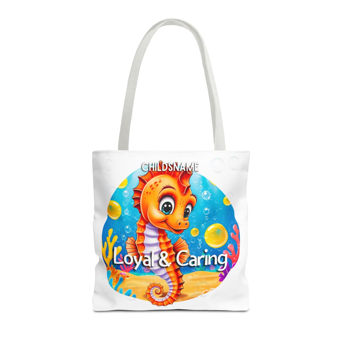 Personalized Kids Seahorse Beach Tote Bag – Loyal & Caring – Custom Sea Life Bag with Name