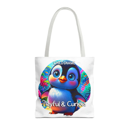 Personalized Kids Penguin Beach Tote Bag Playful & Curious