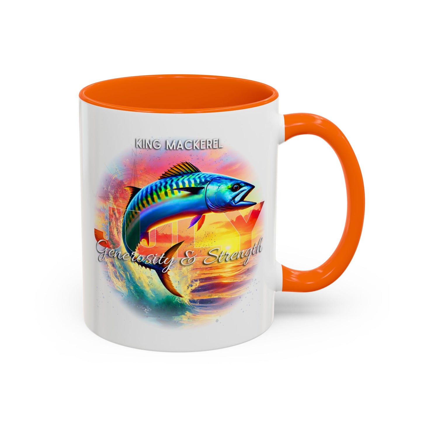 Colorful July King Mackerel Birth Month Accent Coffee Mug with Colored Handle
