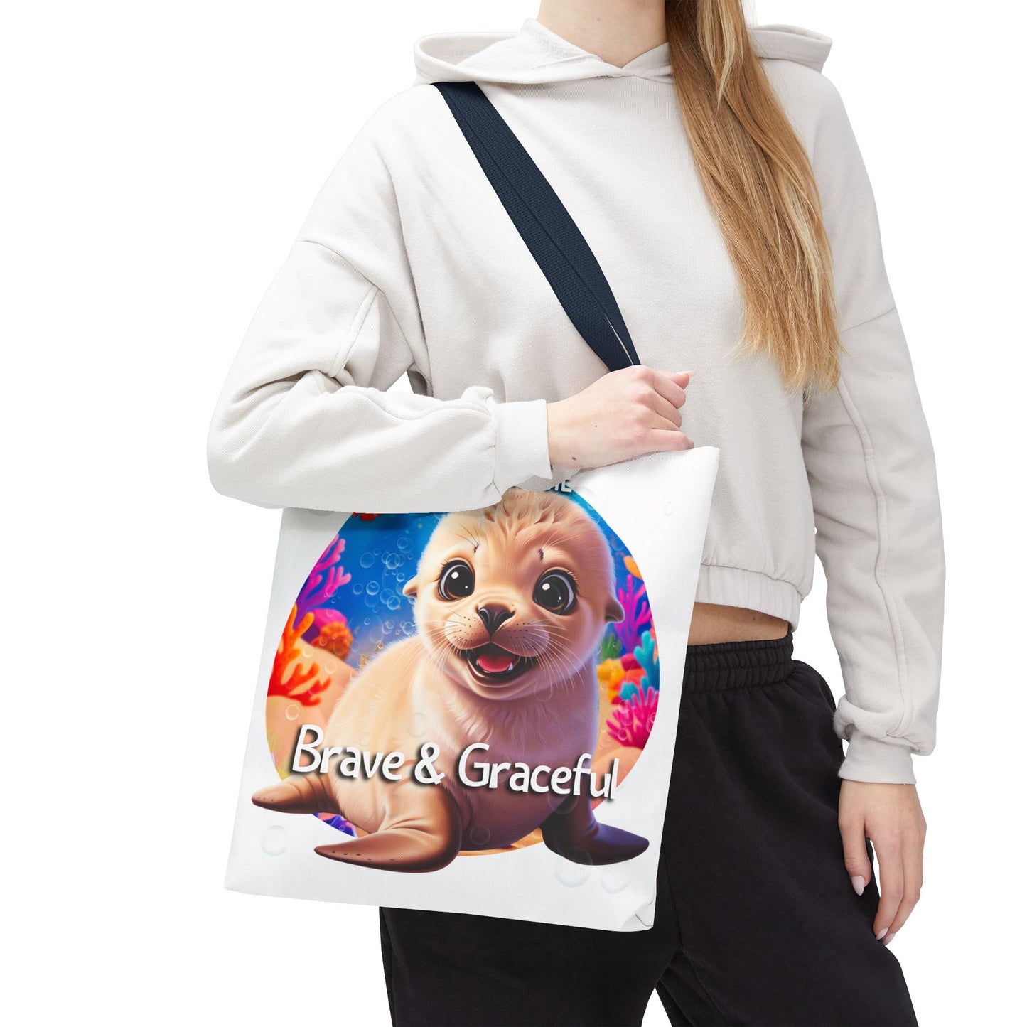 Personalized Kids Seal Beach Tote Bag – Brave & Graceful – Custom Sea Life Bag with Name