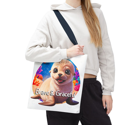 Personalized Kids Seal Beach Tote Bag – Brave & Graceful – Custom Sea Life Bag with Name