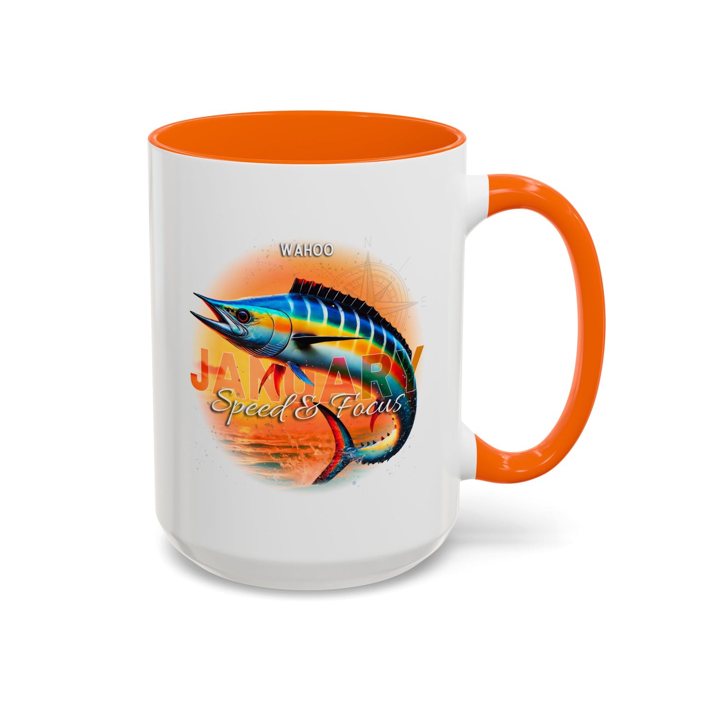 Colorful January Wahoo Birth Month Accent Coffee Mug with Colored Handle