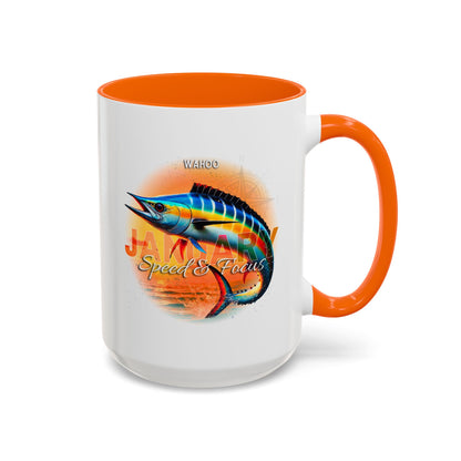 Colorful January Wahoo Birth Month Accent Coffee Mug with Colored Handle