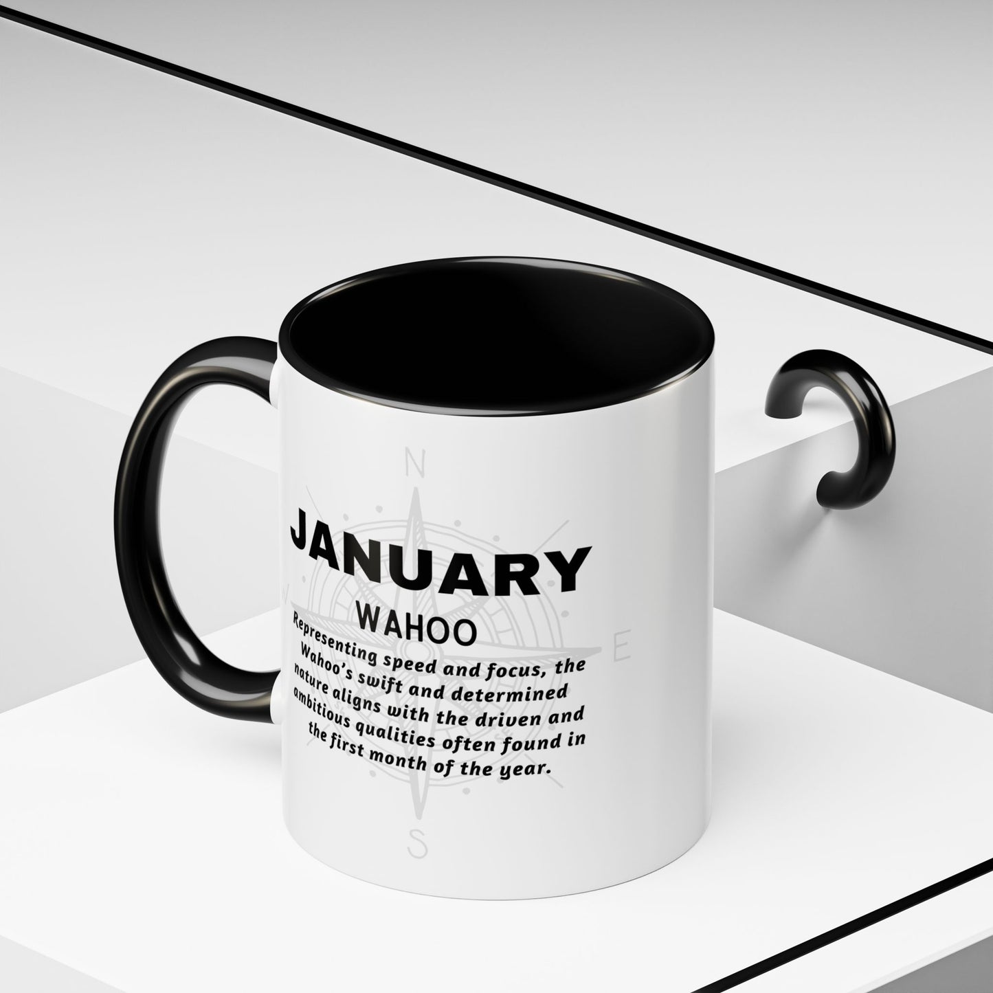 Colorful January Wahoo Birth Month Accent Coffee Mug with Colored Handle