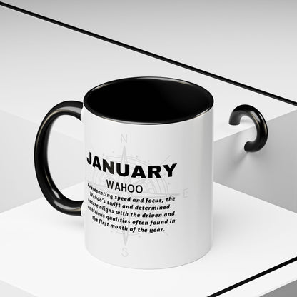 Colorful January Wahoo Birth Month Accent Coffee Mug with Colored Handle