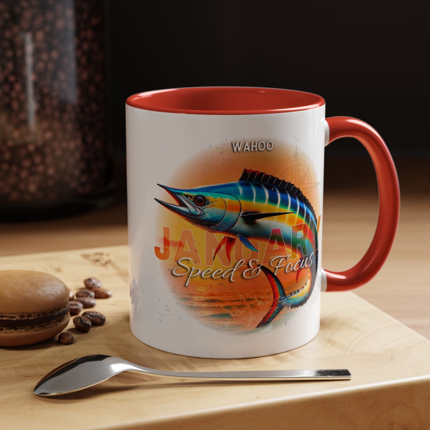 Colorful January Wahoo Birth Month Accent Coffee Mug with Colored Handle