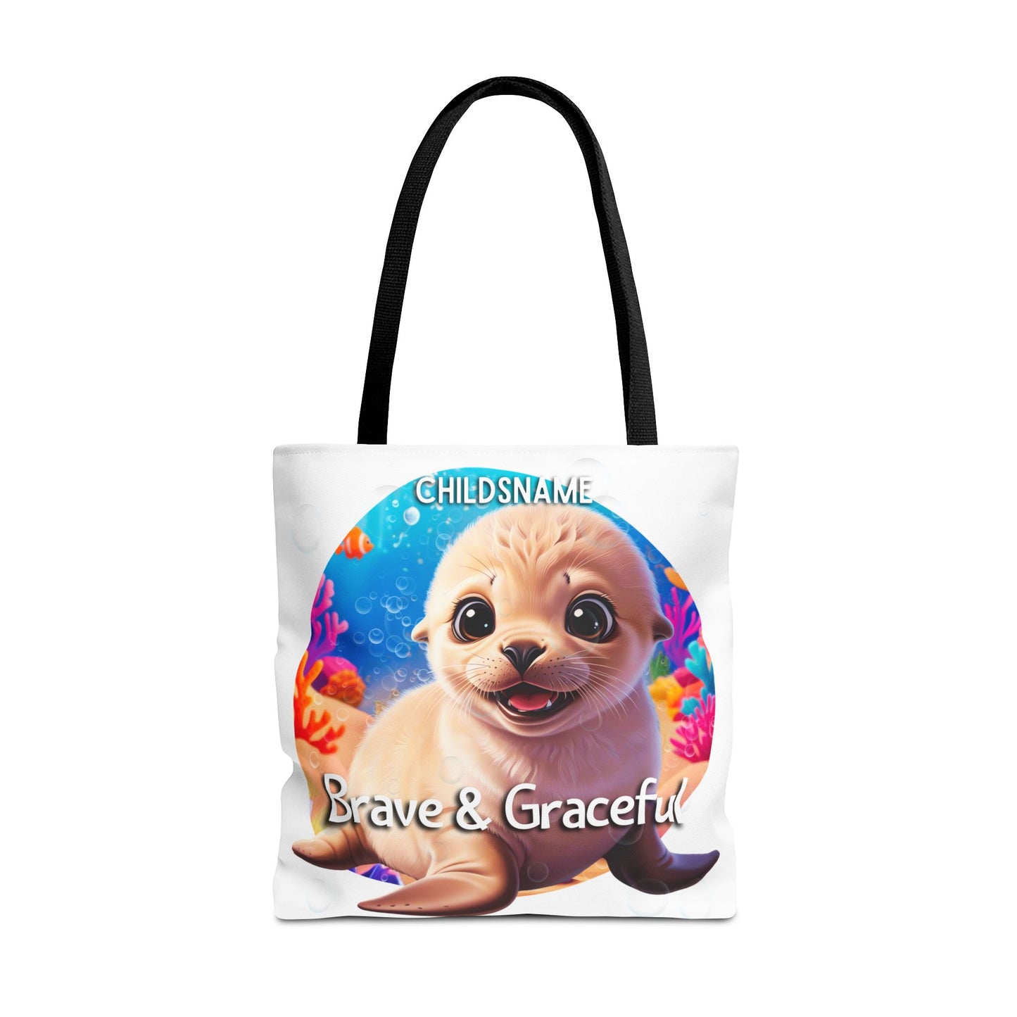Personalized Kids Seal Beach Tote Bag – Brave & Graceful – Custom Sea Life Bag with Name