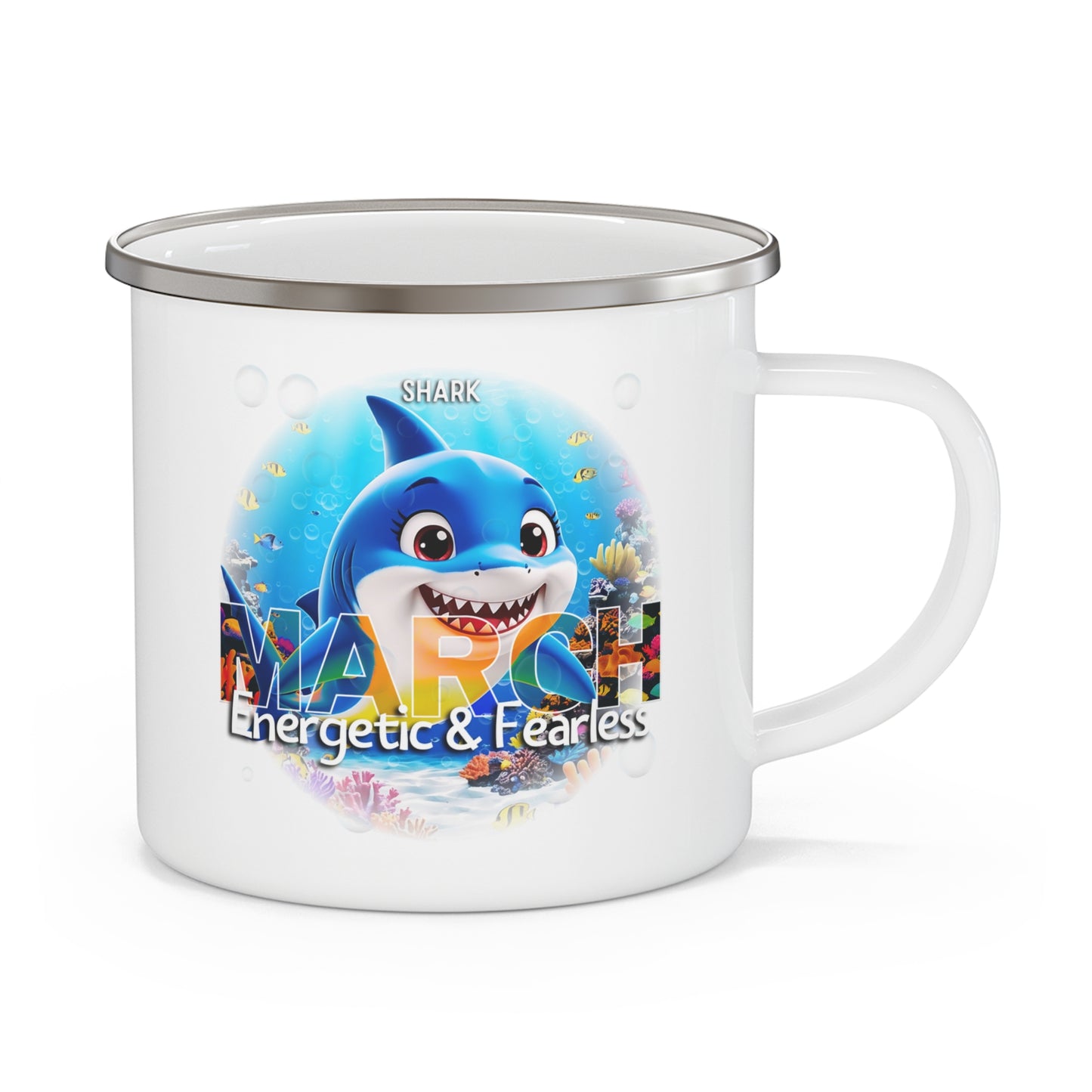 March Shark Kids Sea Life Birth Month Enamel 12oz Camping Mug