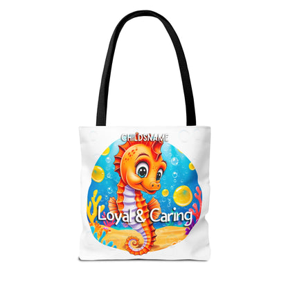 Personalized Kids Seahorse Beach Tote Bag – Loyal & Caring – Custom Sea Life Bag with Name