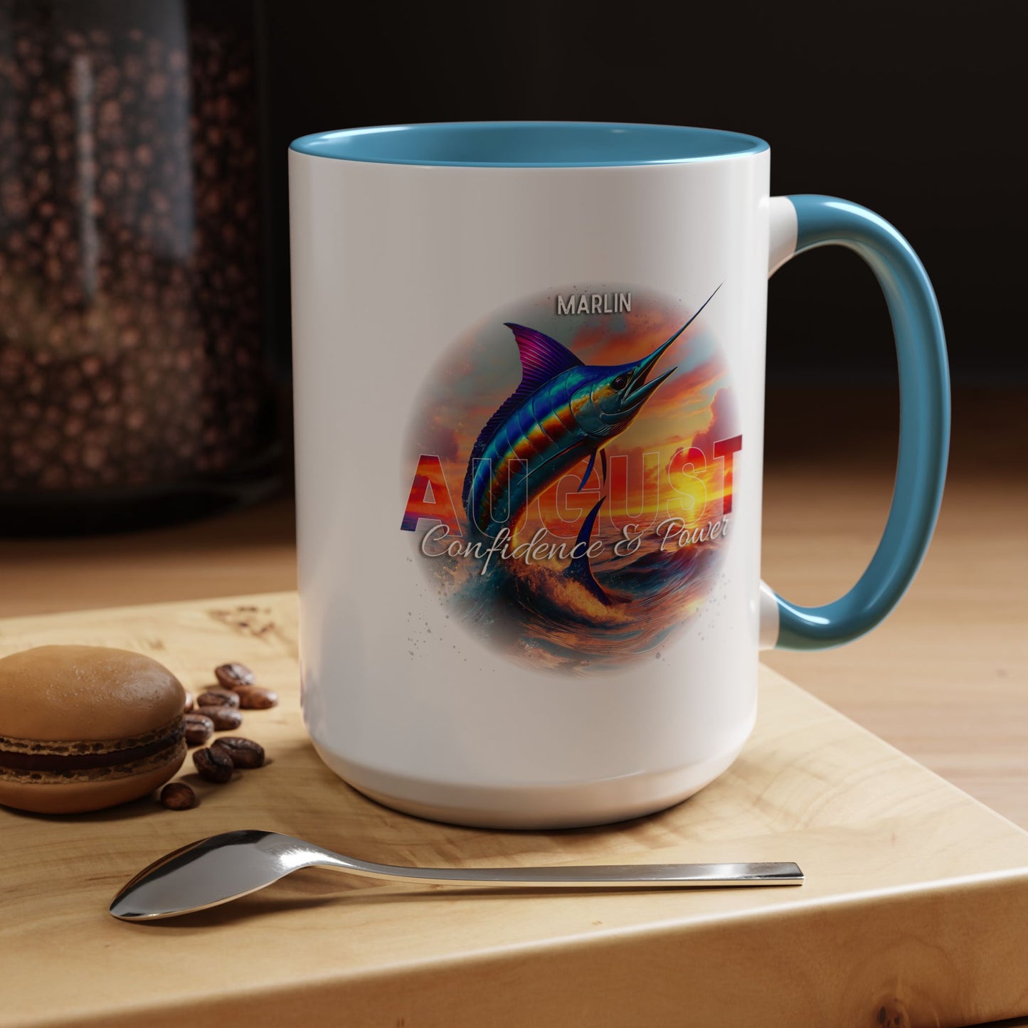 Colorful August Marlin Birth Month Accent Coffee Mug with Colored Handle
