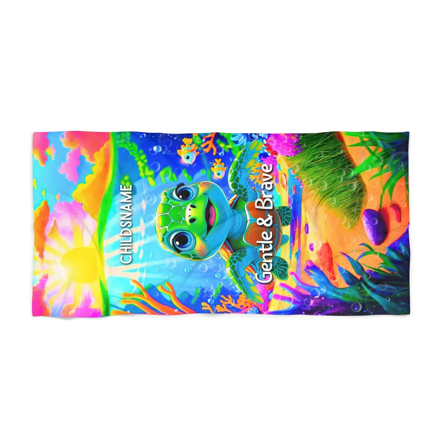 Personalized Kids Beach Towel Vibrant Turtle Design Gentle & Brave