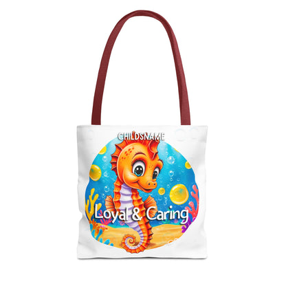 Personalized Kids Seahorse Beach Tote Bag – Loyal & Caring – Custom Sea Life Bag with Name