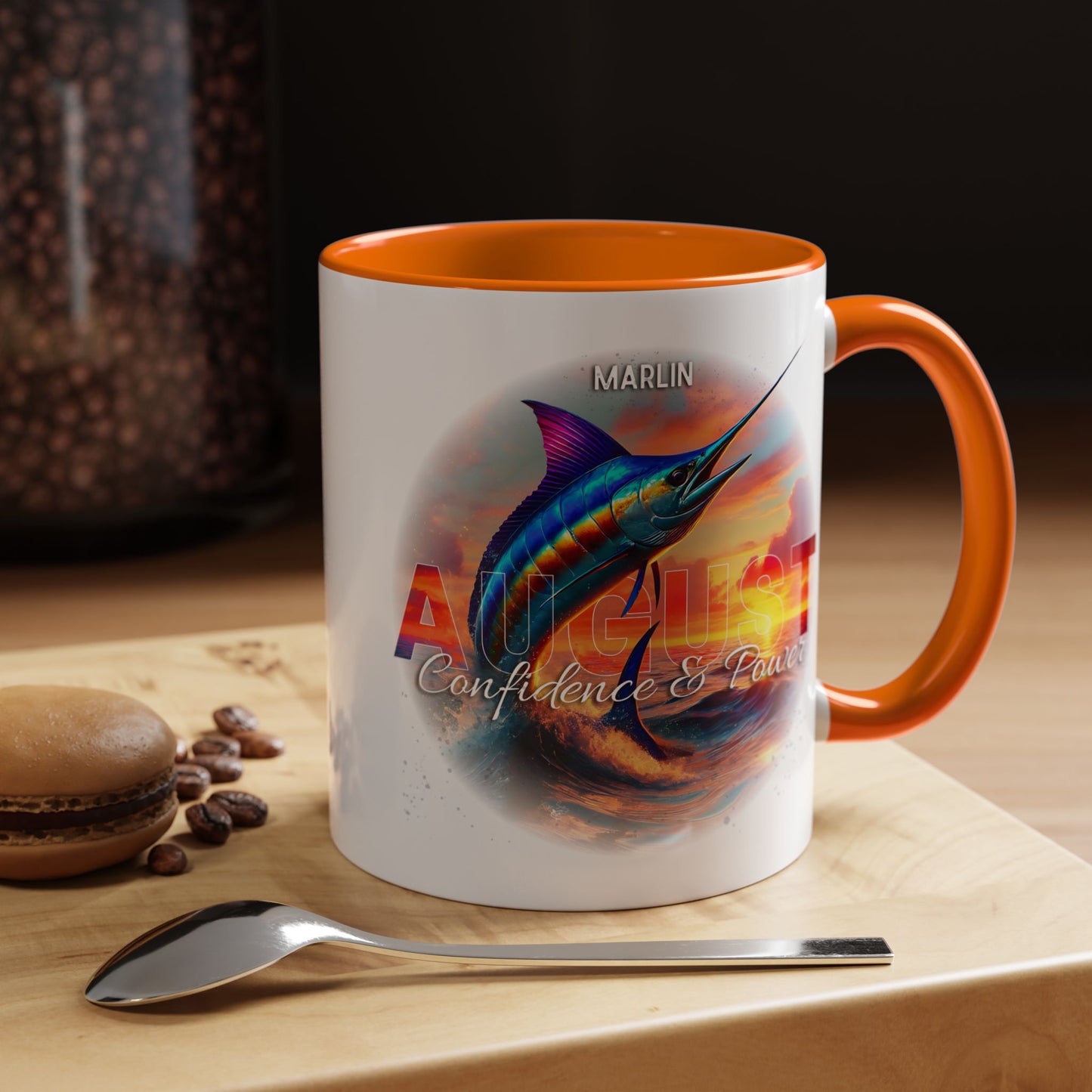 Colorful August Marlin Birth Month Accent Coffee Mug with Colored Handle