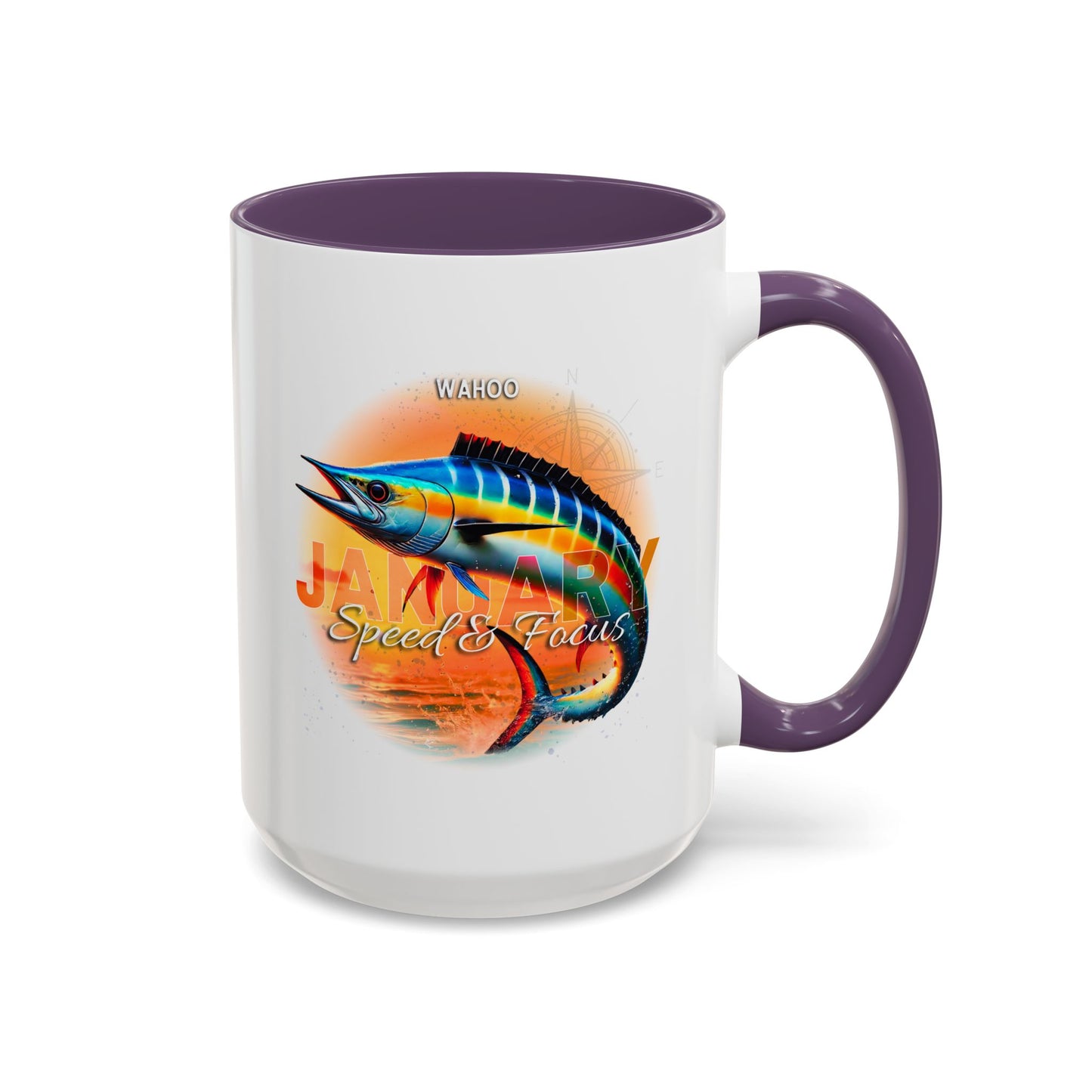Colorful January Wahoo Birth Month Accent Coffee Mug with Colored Handle