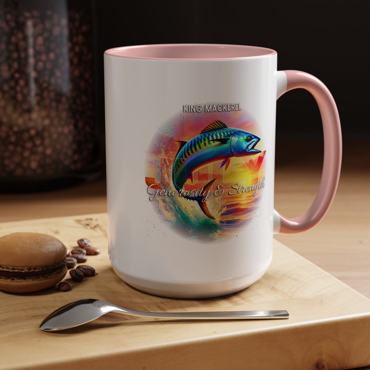 Colorful July King Mackerel Birth Month Accent Coffee Mug with Colored Handle